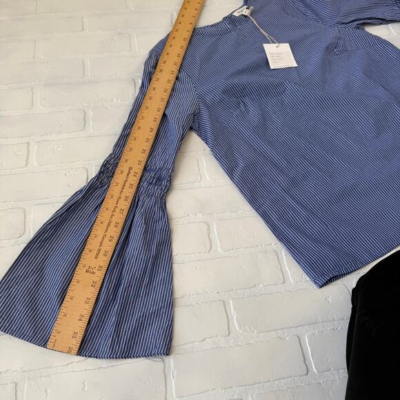 BeachLunchLounge NWT Blue White Pinstripe Long Bell Sleeve Cotton Top sz M - Picture 4 of 6